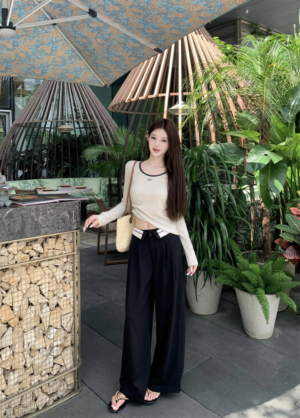 💕韓系簡約百搭圓領字母印花撞色長T