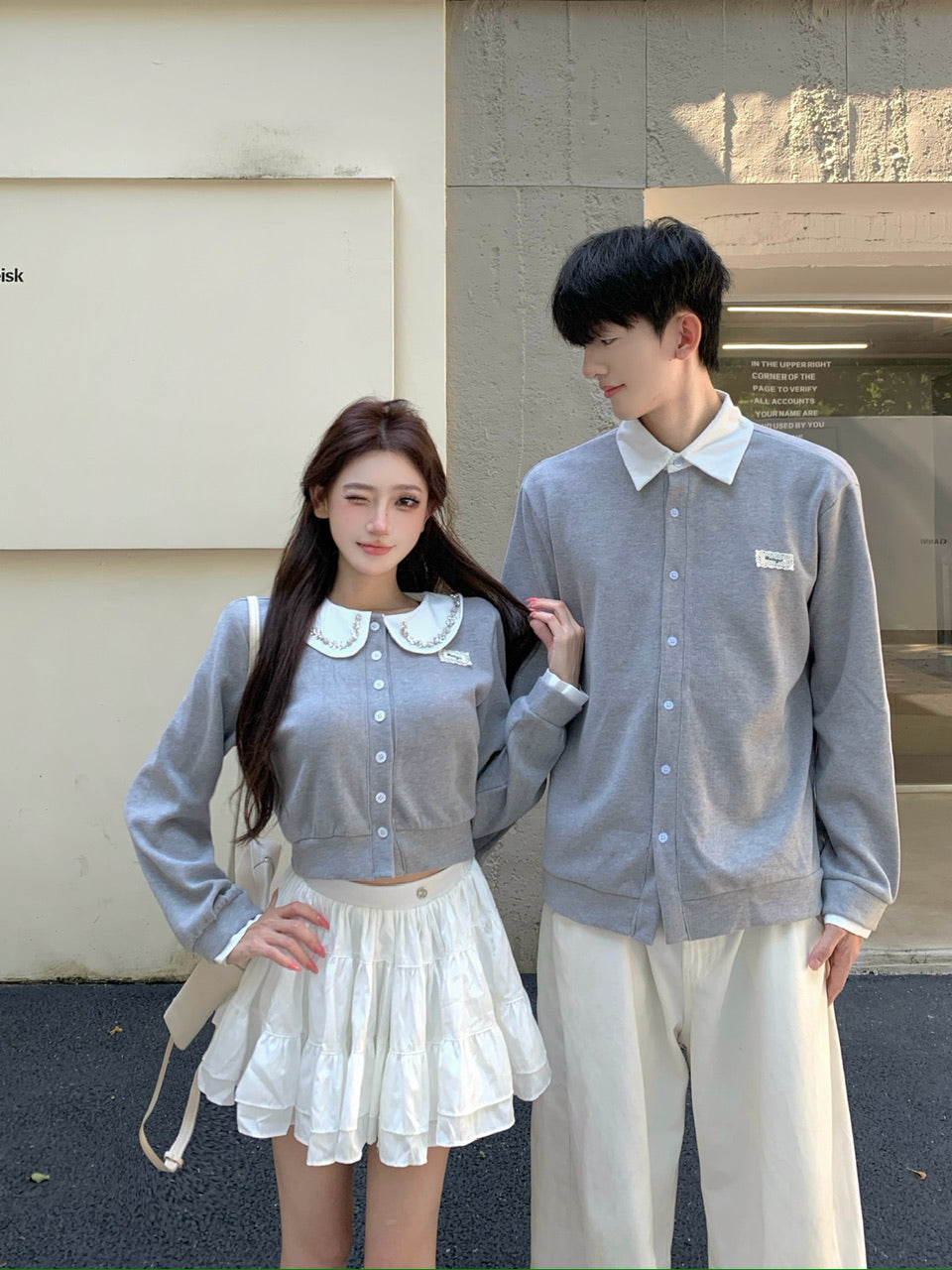 💕富家千金miu系學院娃娃領開衫情侶裝