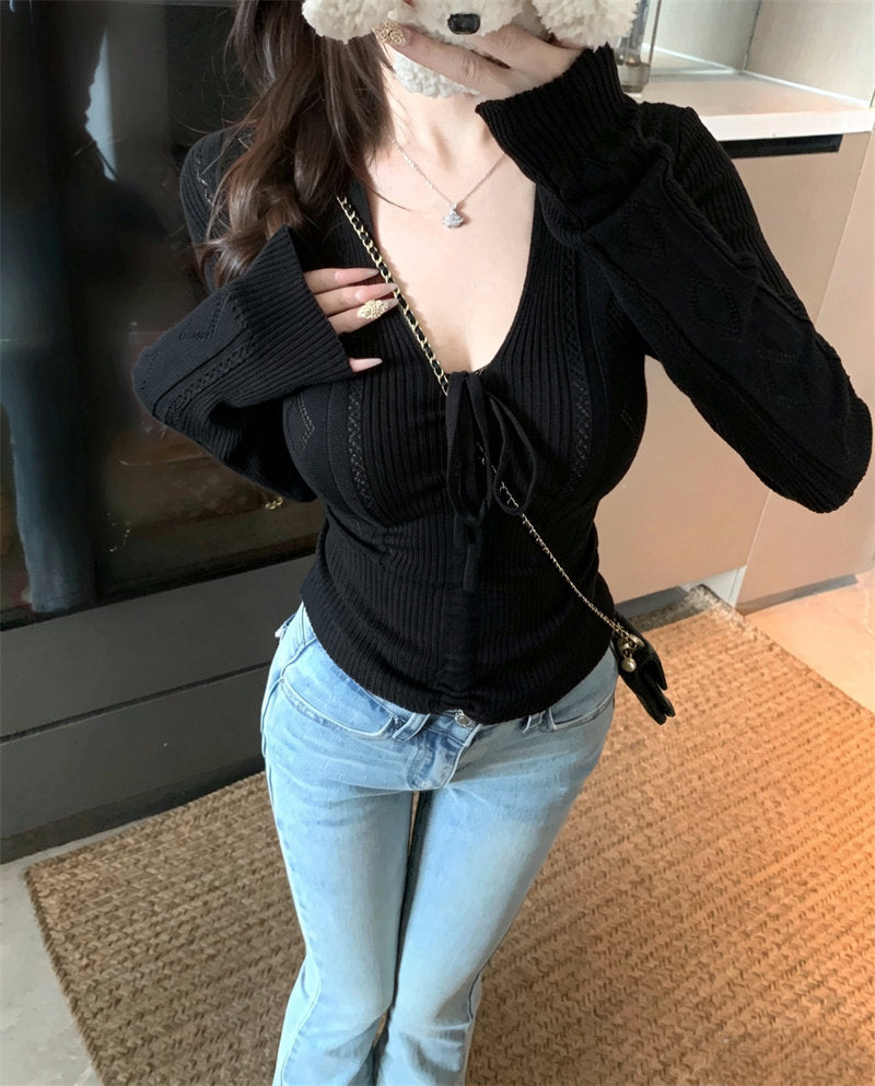 💕百搭簡約蝴蝶結系帶V領長袖針織顯瘦上衣