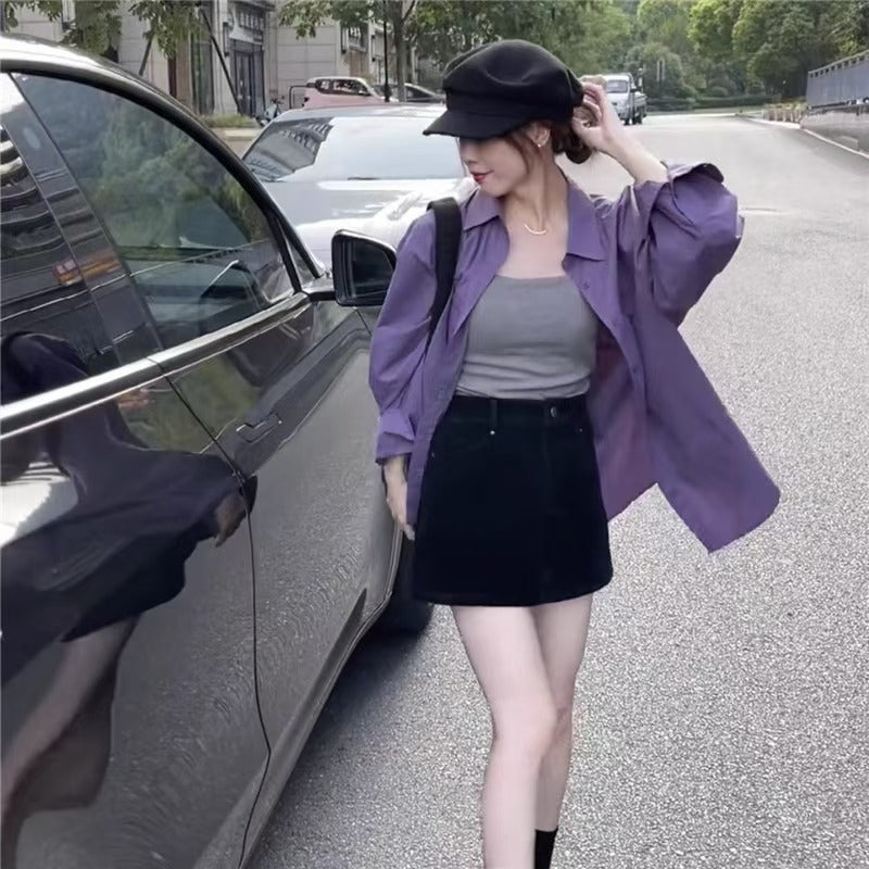 💕高級感溫柔韓系chic紫色襯衫外搭上衣