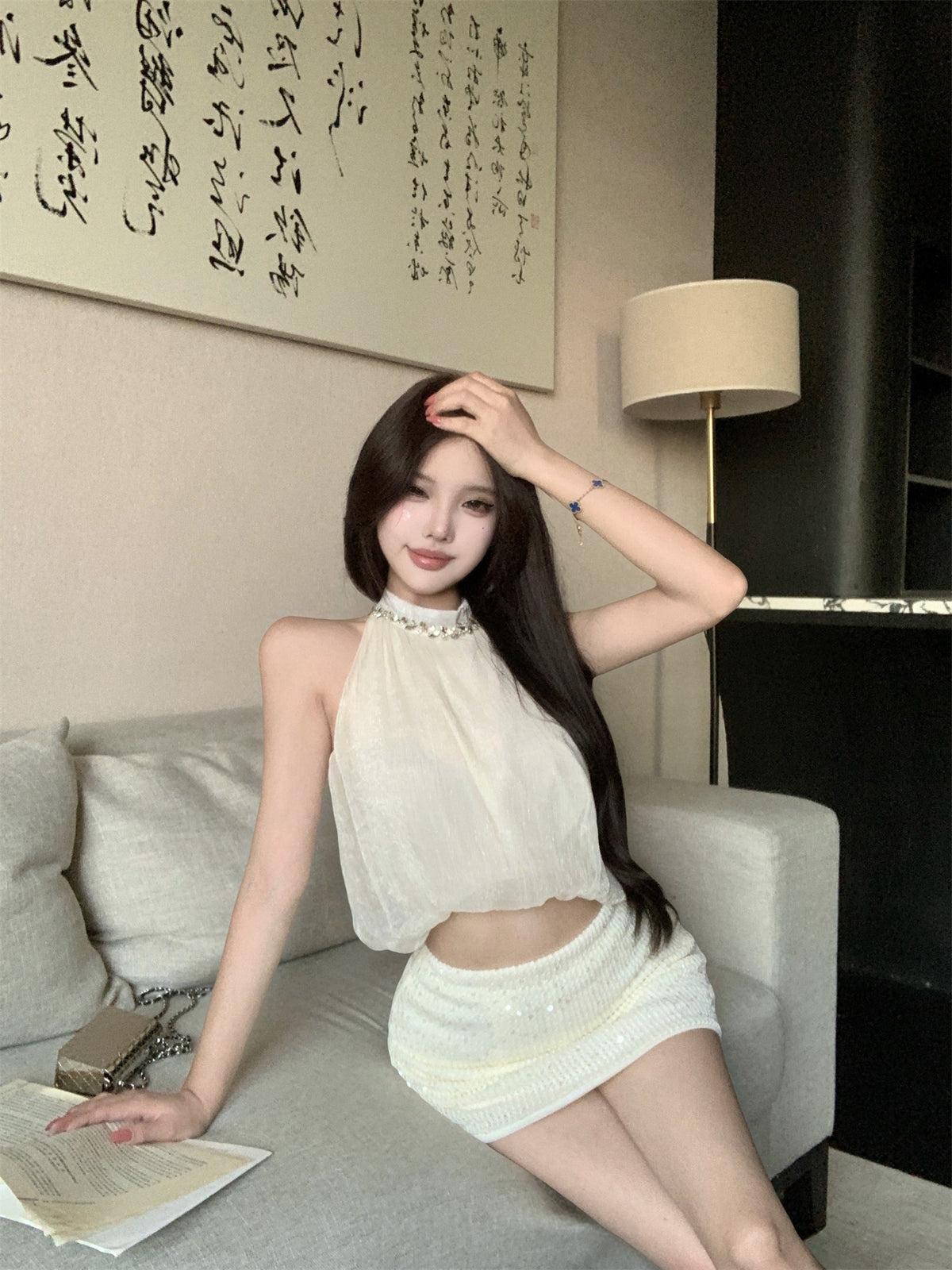 💕夏季高級氣質感掛脖花苞上衣珠片半身裙兩件套