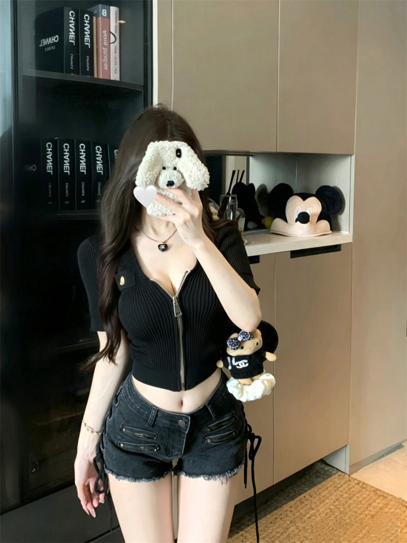 💕法式性感U領短袖拉鍊針織上衣