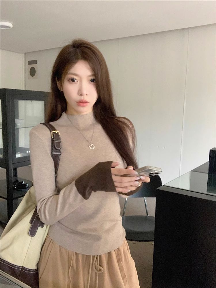 💕通勤百搭撞色長袖針織修身打底上衣