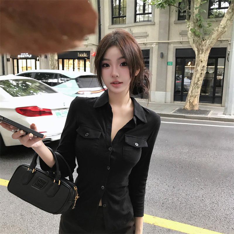 💕氣質翻領長袖收腰鈕扣襯衫