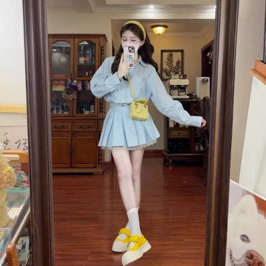 💕春夏小個子收腰有腰帶條紋襯衫連身裙