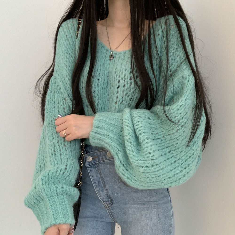 💕韓系chic春秋百搭寬鬆燈籠袖針織上衣