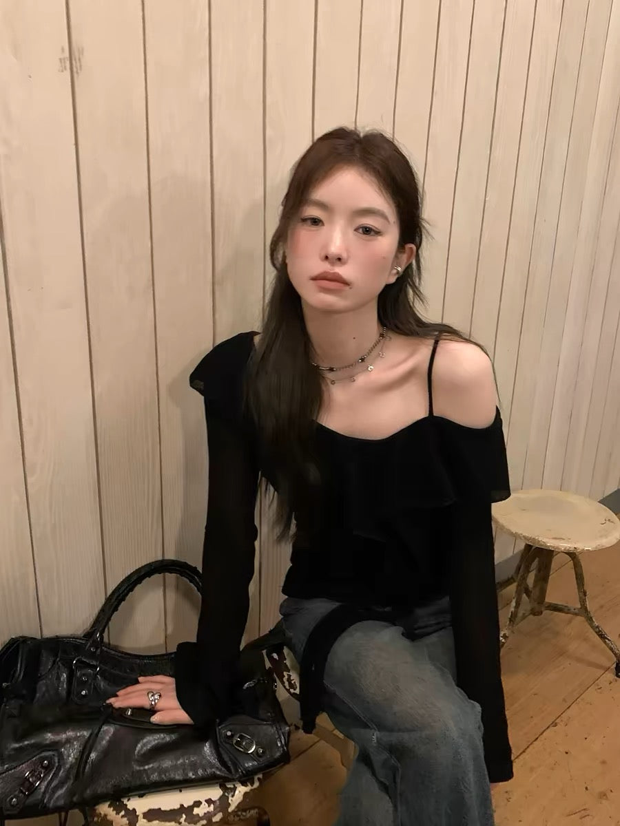 💕設計感荷葉一字肩韓系穿搭修身露肩上衣