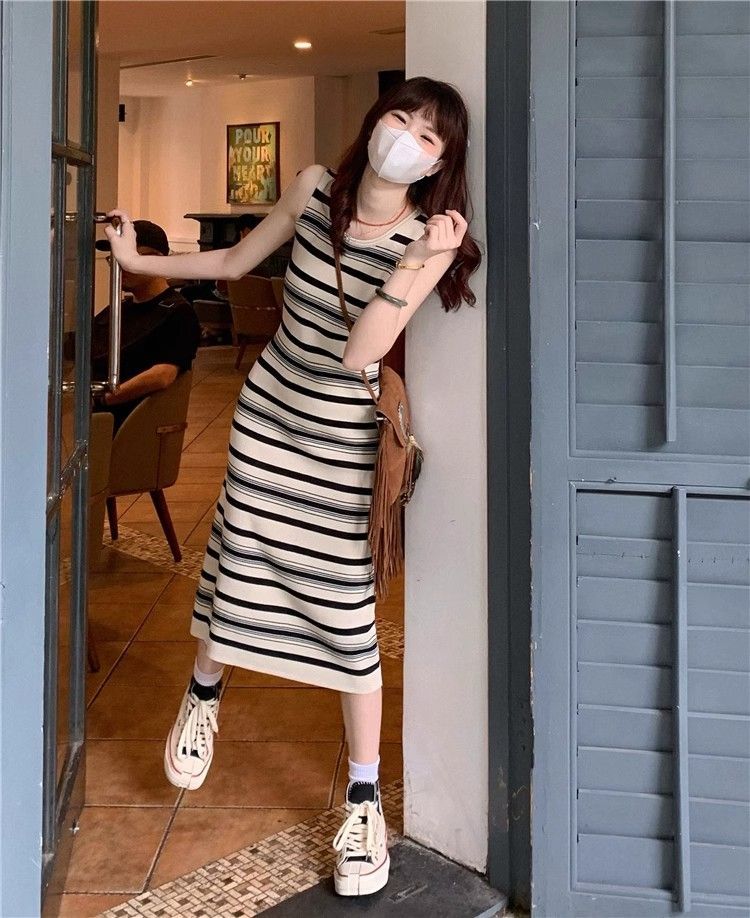 💕韓系休閒條紋背心中長修身無袖連身裙