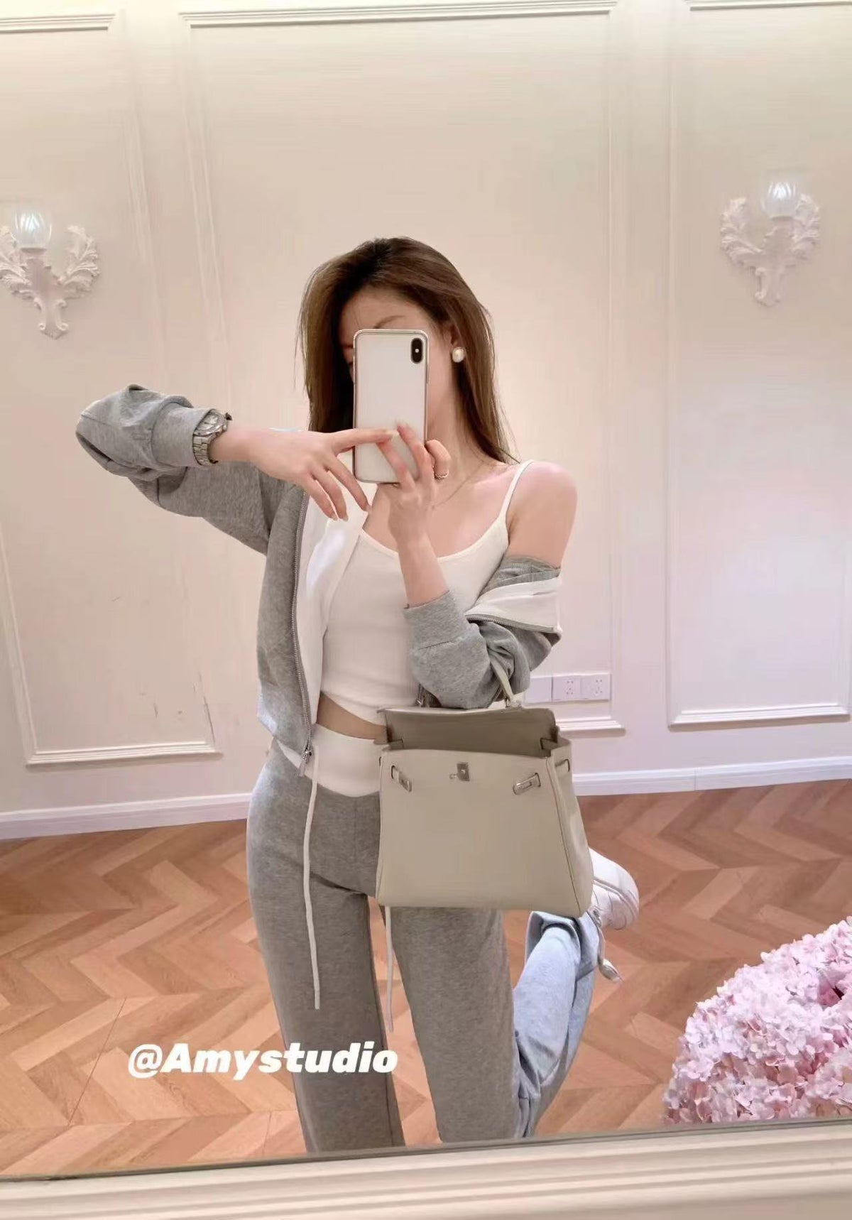 💕韓系撞色連帽開衫+吊帶+拼接休閒褲三件套