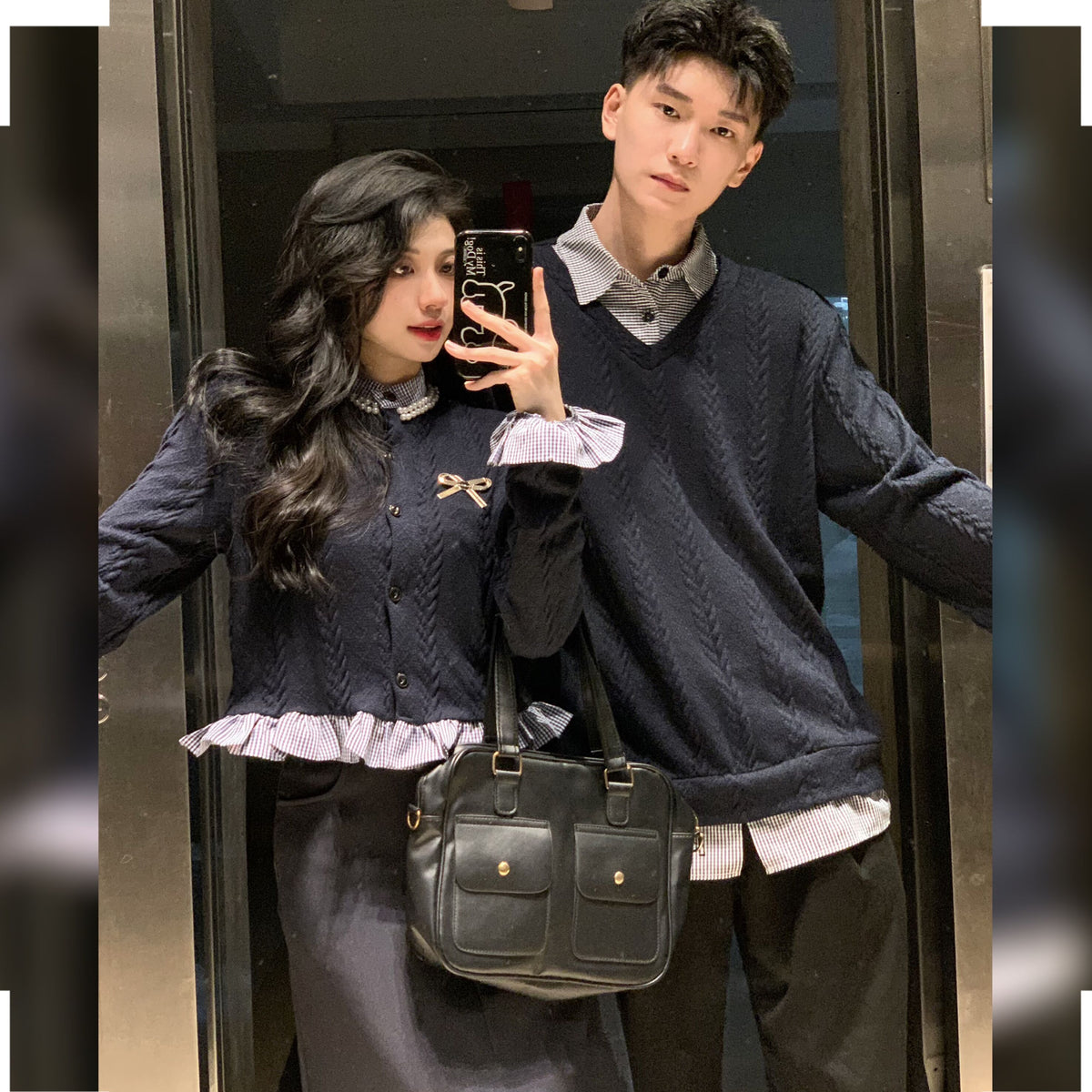 💕秋冬法式梨形長袖拼接假兩件情侶套裝