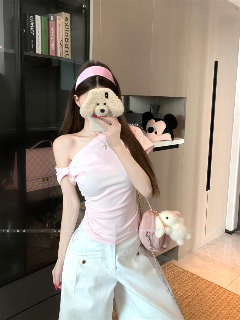 💕粉色短袖簡約斜肩T袖上衣