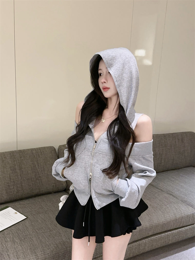 💕韓版個性露肩高檔連帽衛衣外套