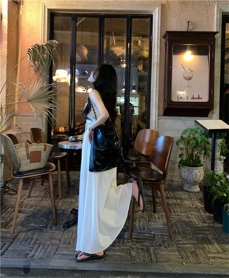 💕高級感法式白色收腰顯瘦吊帶連衣裙