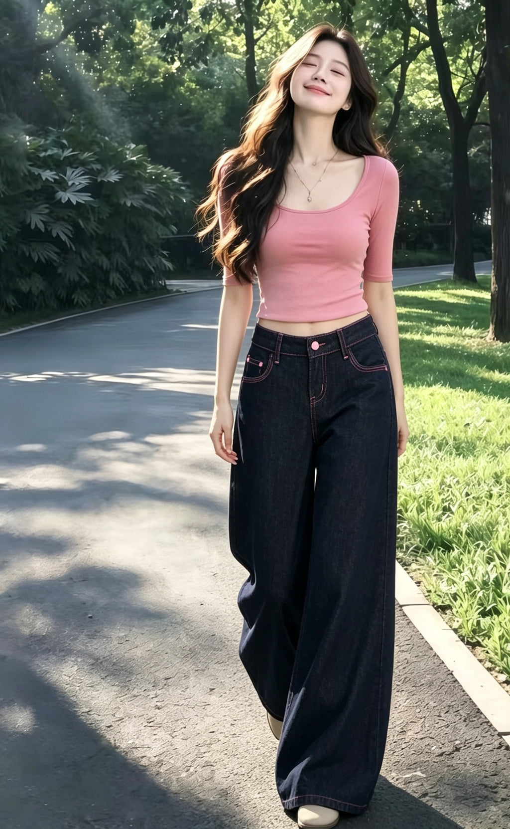 💕氣質設計感粉色線復古闊腿牛仔直口褲