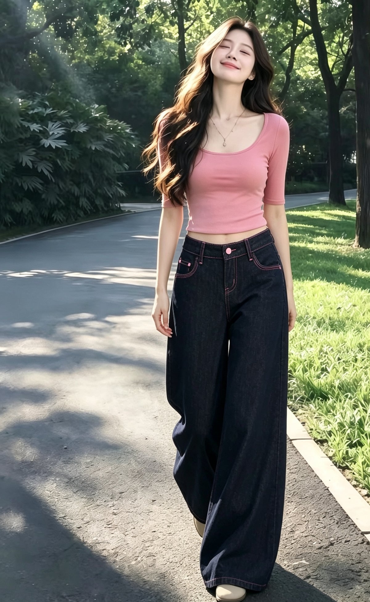 💕氣質設計感粉色線復古闊腿牛仔直口褲