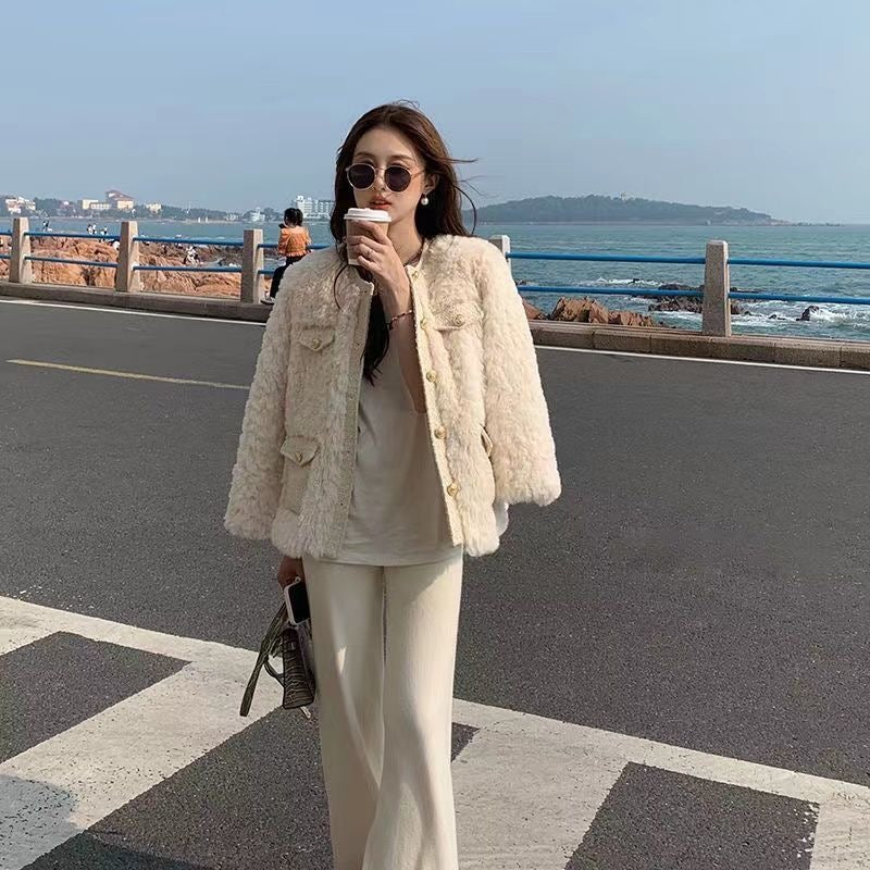 💕小香高級感仿兔毛加厚圓領外套