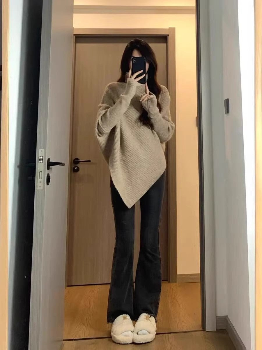 💕溫柔韓系慵懶不規則高領加厚針織毛衣