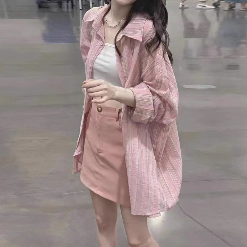 💕氣質溫柔細粉色條紋襯衫外套外搭