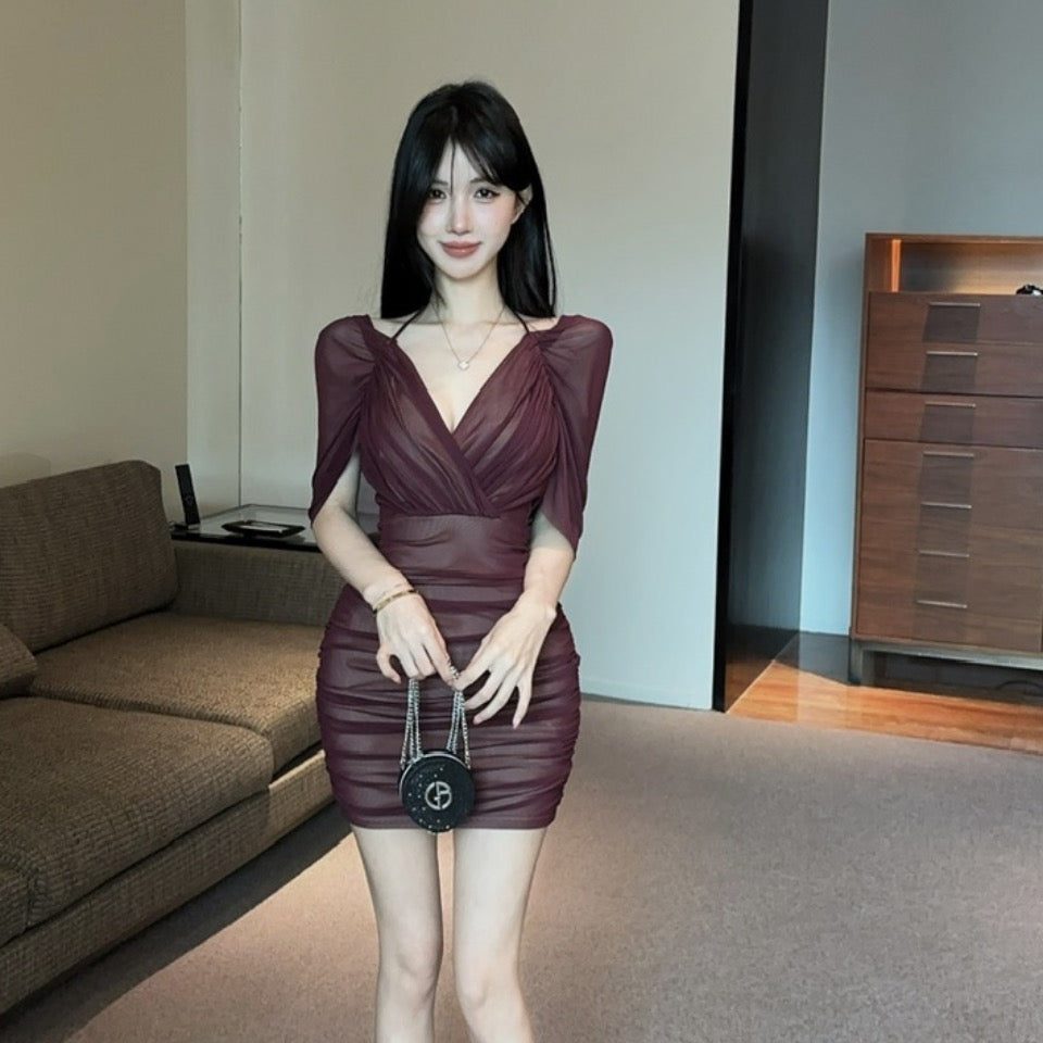 💕約會性感網紗綁帶包臀假兩件連身裙