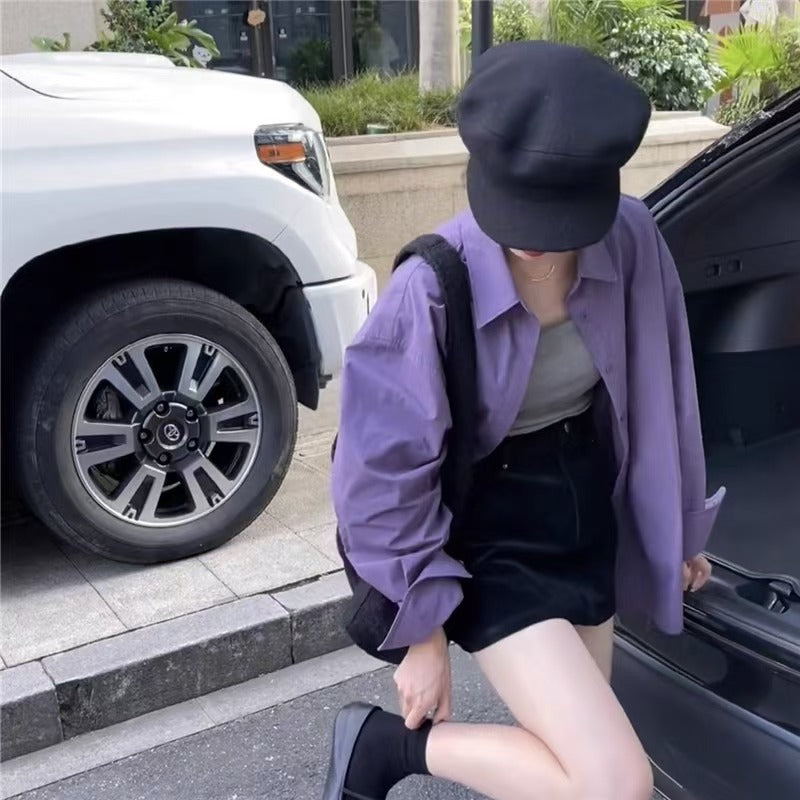 💕高級感溫柔韓系chic紫色襯衫外搭上衣