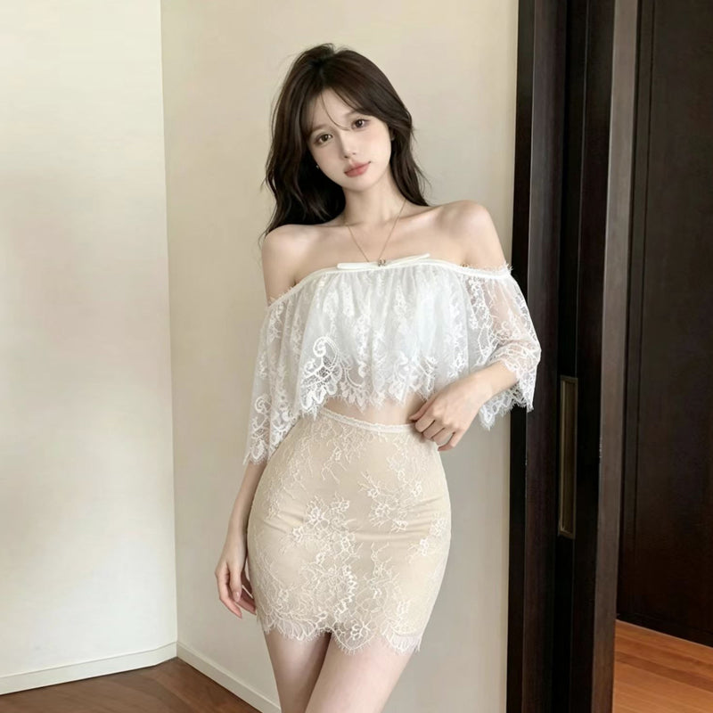 💕絕美白色蕾絲抹胸上衣配高腰包臀短裙套裝