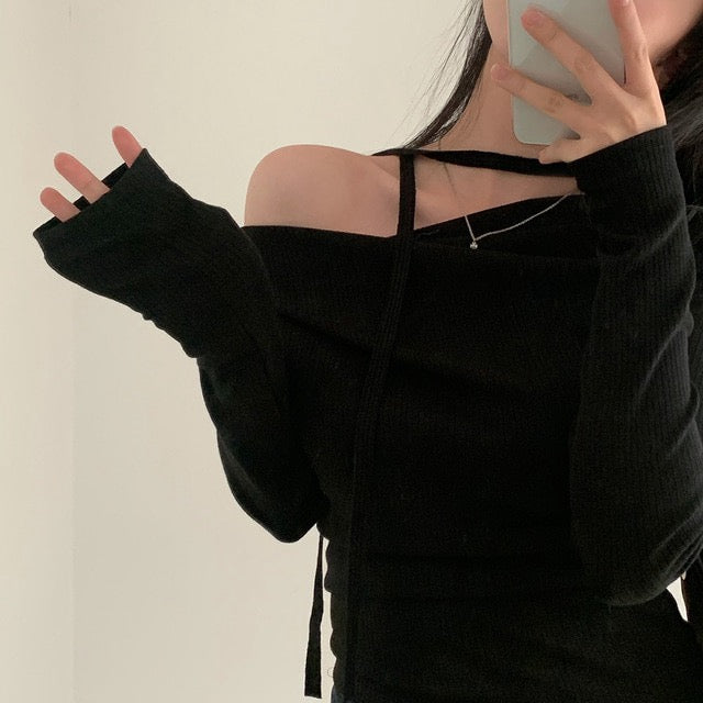 💕溫柔春秋純欲露肩+飄帶顯瘦法式上衣