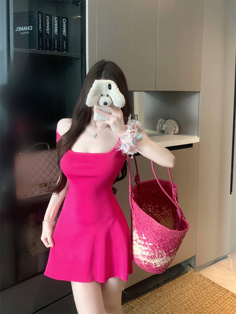 💕夏季法式方領針織連衣包臀短裙