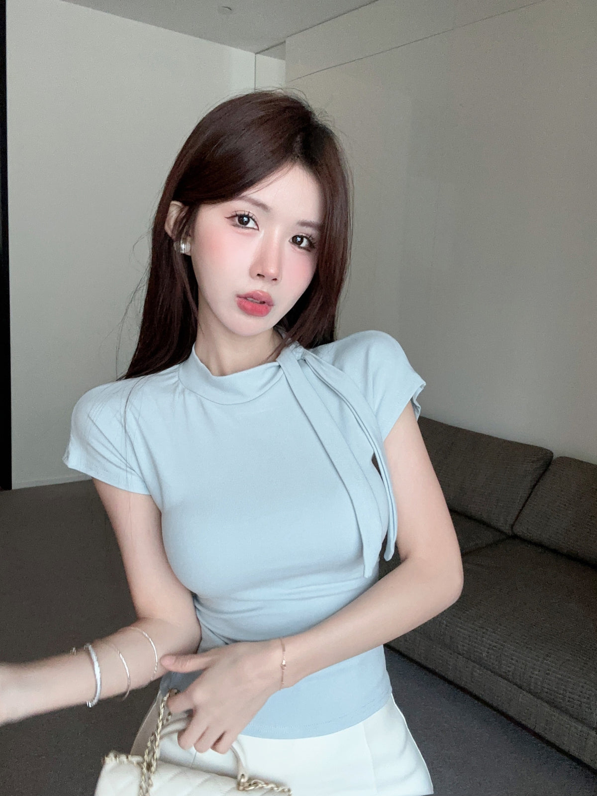💕夏季設計款系帶圍巾領T袖上衣