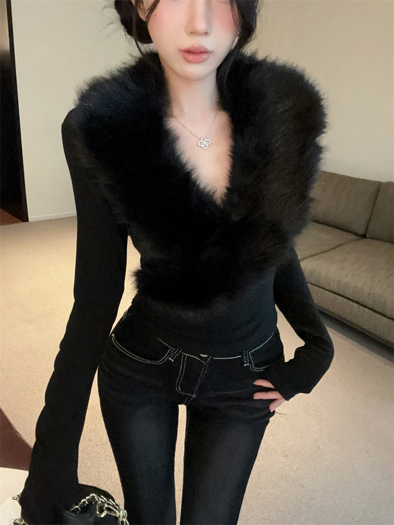 💕純欲辣妹毛領拼接V領長袖修身上衣