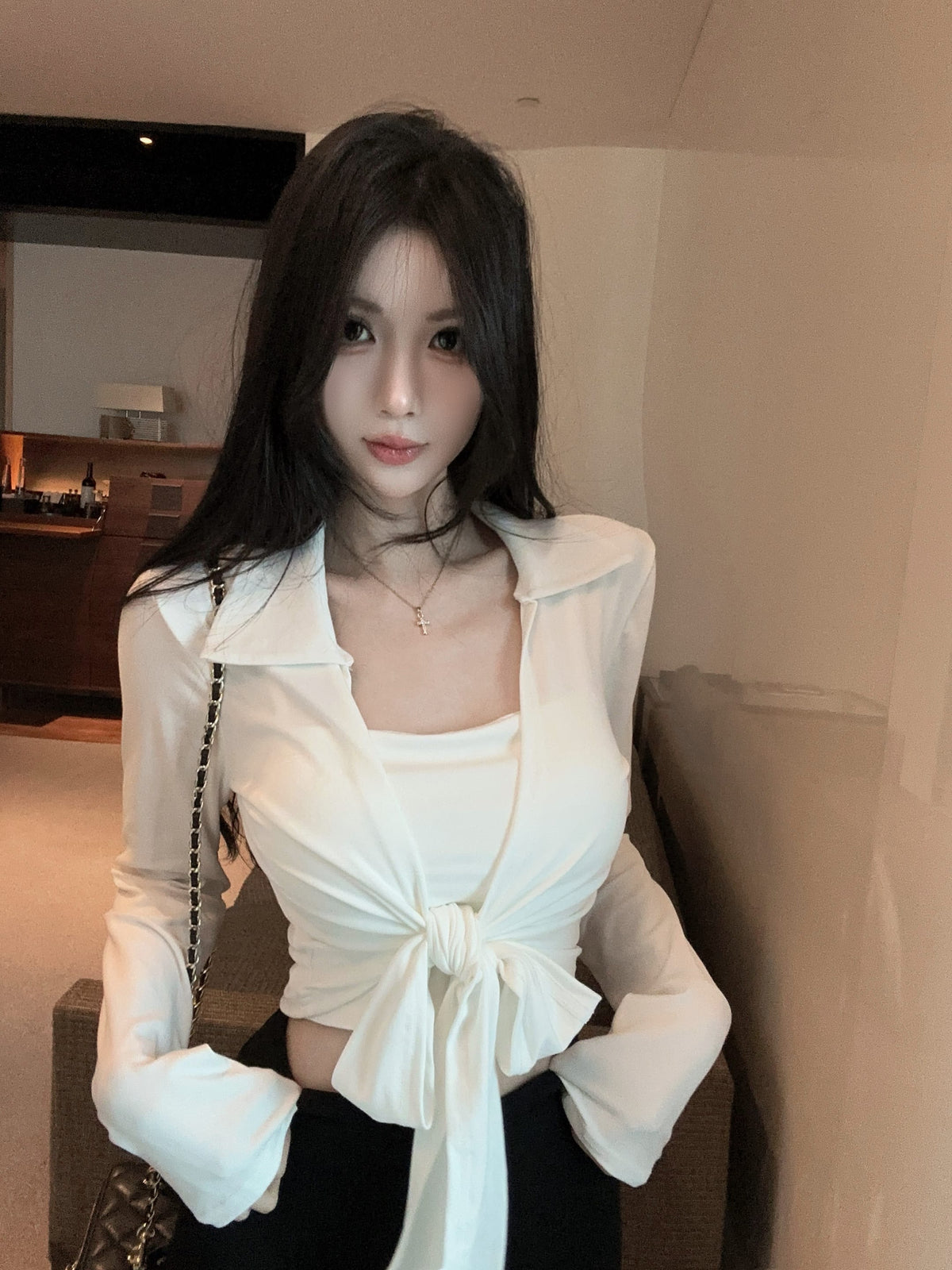💕綁帶胸墊長袖翻領開衫吊帶兩件套