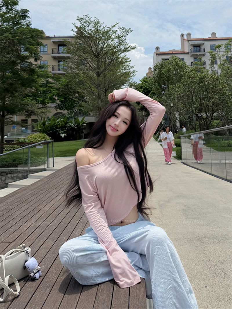 💕溫柔懶人斜肩長袖短款露臍上衣&條紋寬褲兩件套