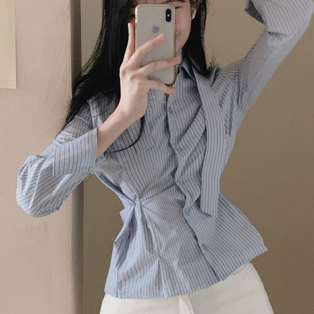 💕韓系小眾V領飄帶收腰百搭條紋上衣