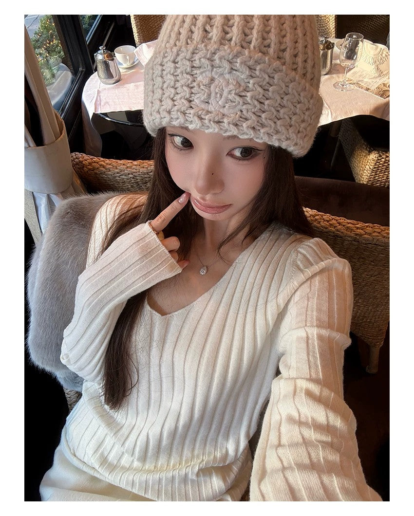 💕簡約百搭通勤V領針織打底修身顯瘦上衣