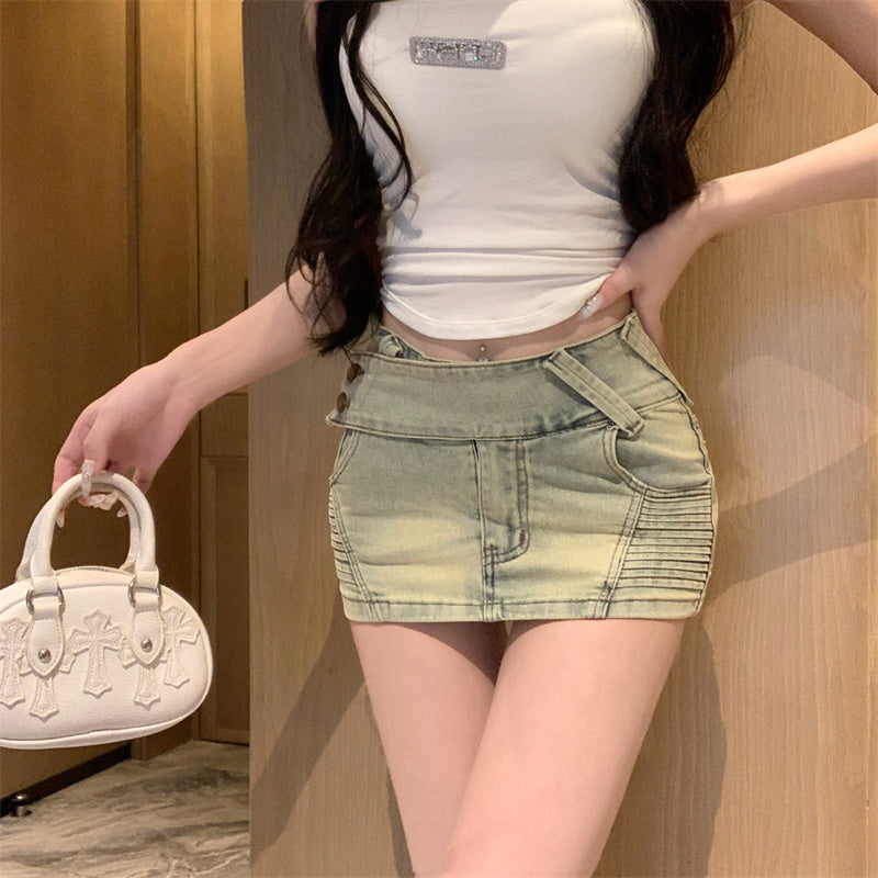 💕不規則緊身彈力刷舊牛仔短裙
