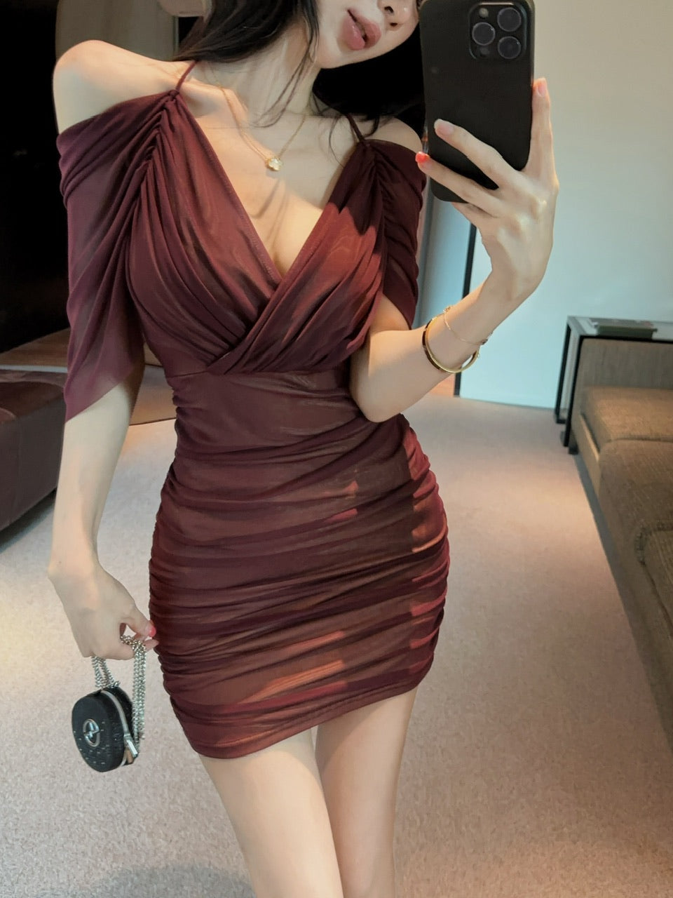 💕約會性感網紗綁帶包臀假兩件連身裙