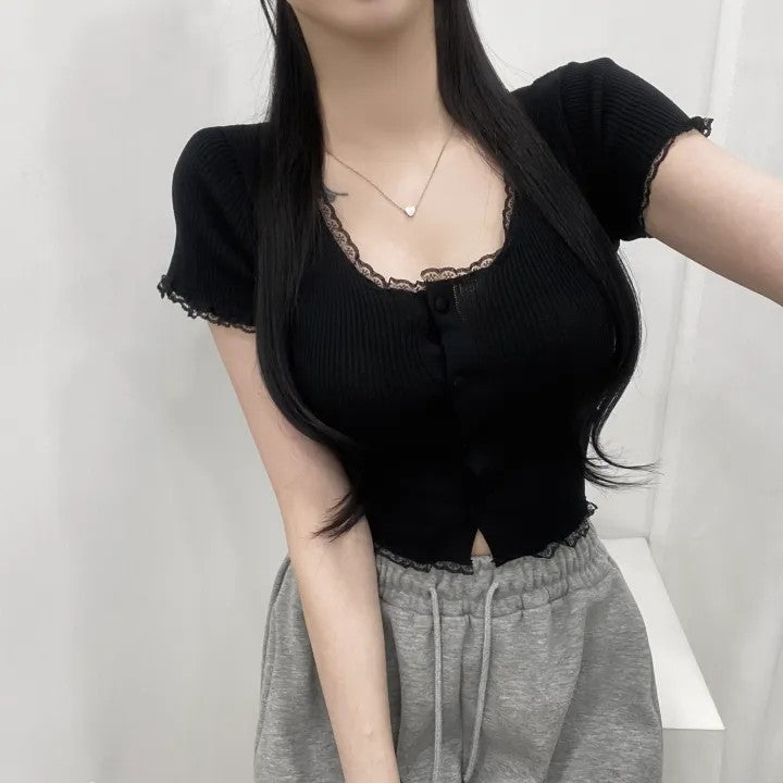 💕百搭蕾絲邊打底短版鈕扣襯衫單品
