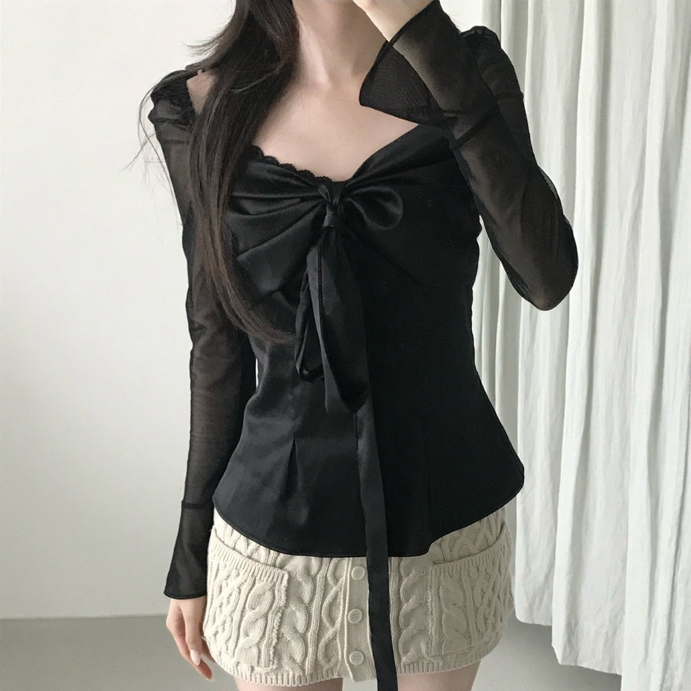 💕法式方領蝴蝶結飄帶氣質收腰顯瘦上衣