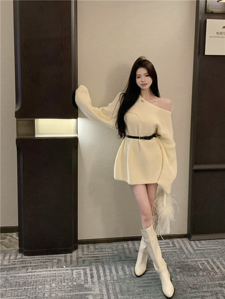 💕氣質甜美露肩針織寬鬆配腰帶連衣裙