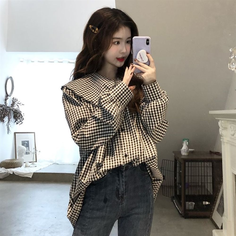 💕法式撞色格子娃娃領襯衫顯瘦排釦上衣