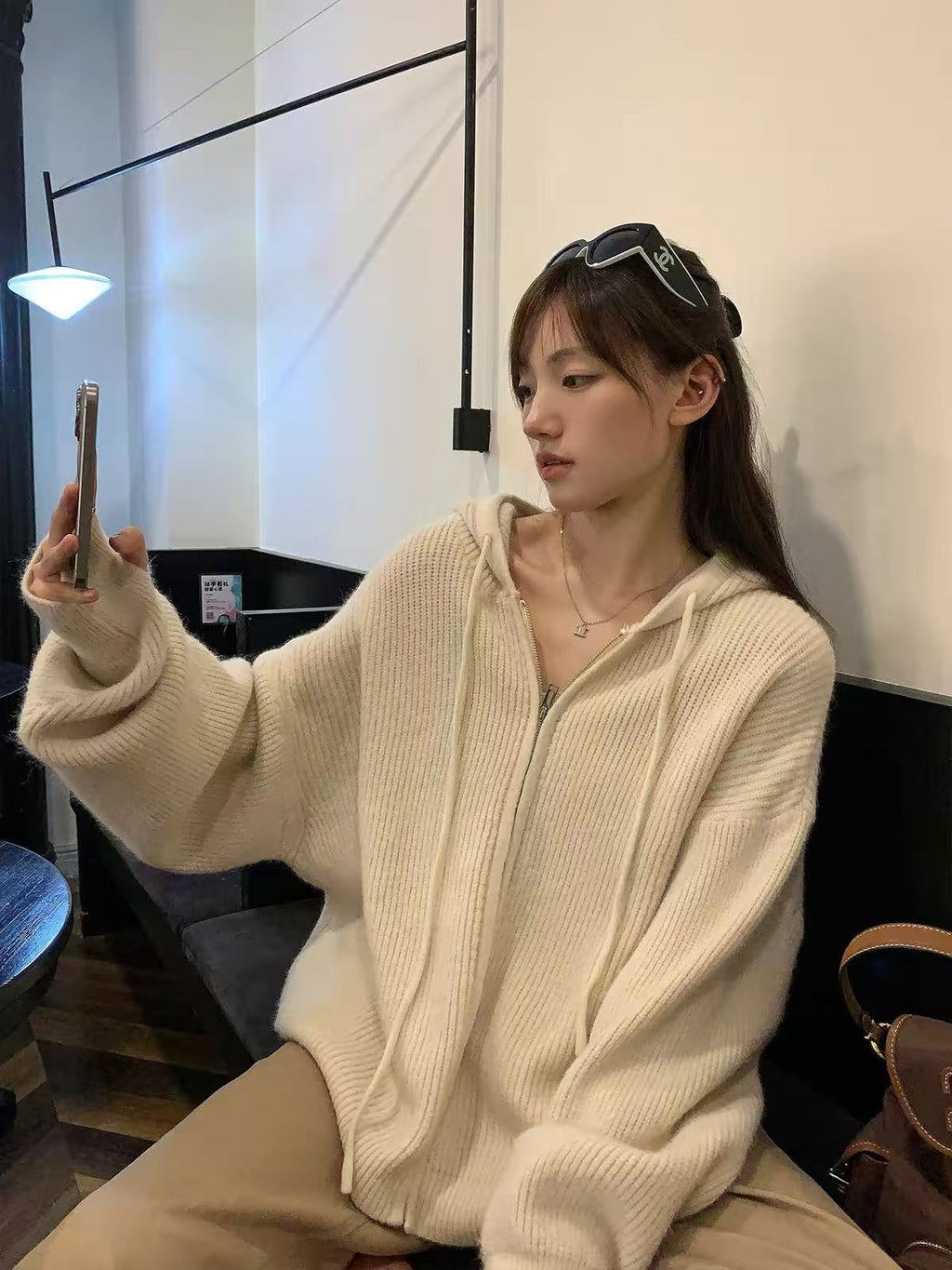💕韓系慵懶連帽內搭針織拉鍊外套