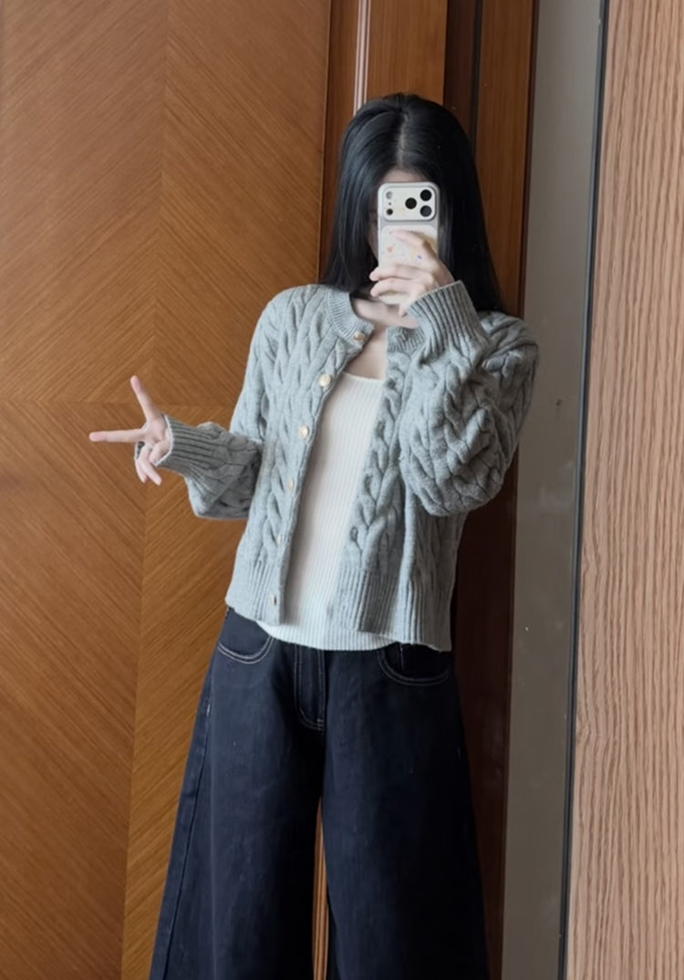 💕韓系高級感軟糯灰色麻花開衫