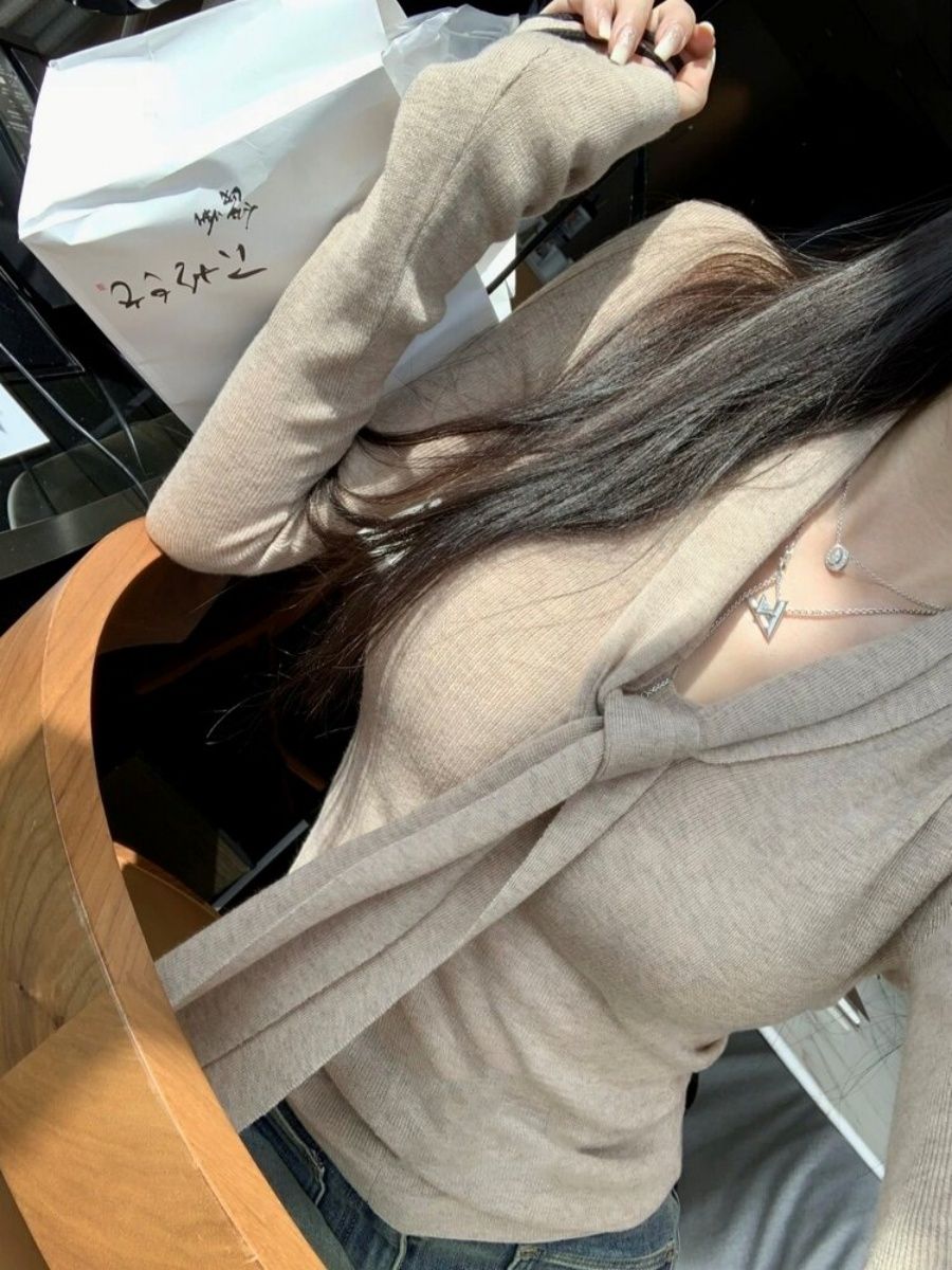 💕氣質法式飄帶V領針織衫修身上衣
