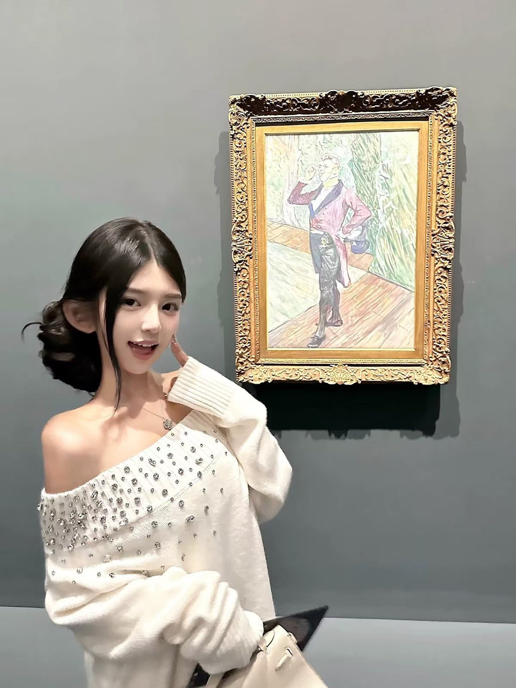 💕法式一字肩重工鑲鑽氣質寬鬆毛衣
