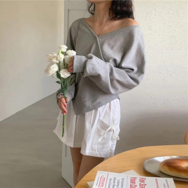 💕韓系露肩不規則休閒純色衛衣