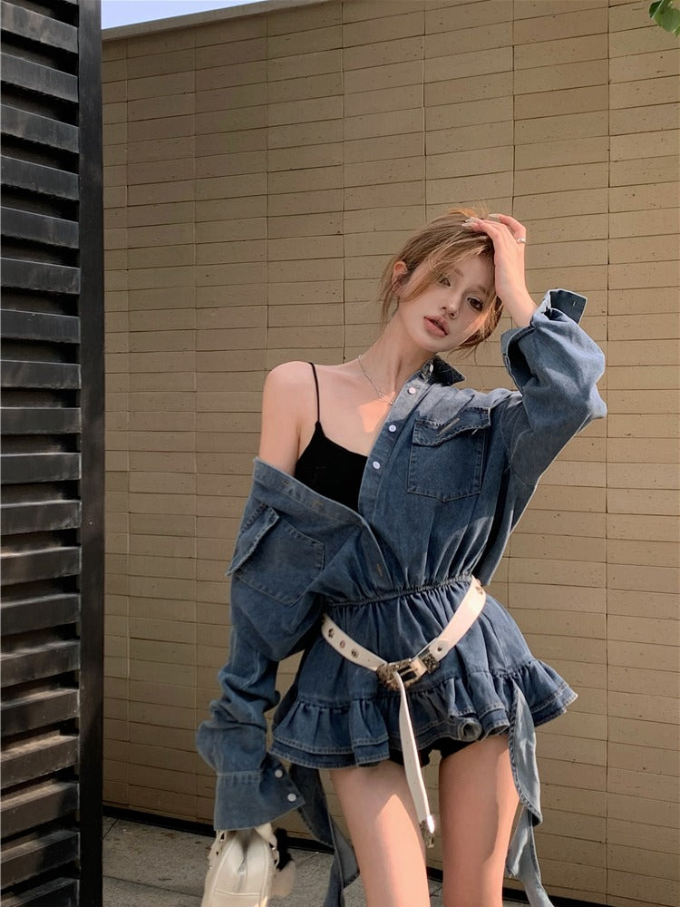 💕辣妹不規則飄帶牛仔長袖蛋糕短裙