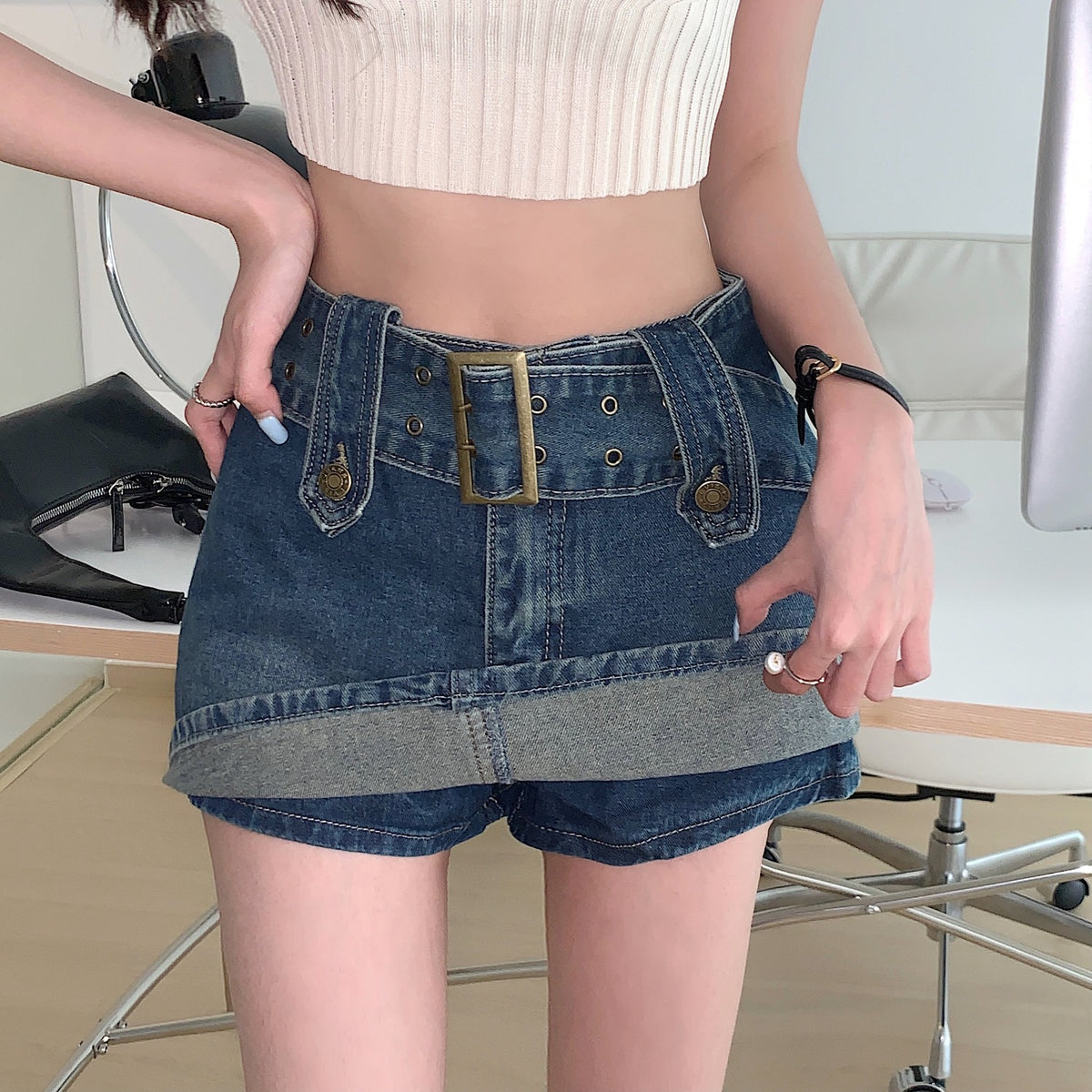 💕美式性感復古小口袋拉鍊開衩牛仔短褲裙