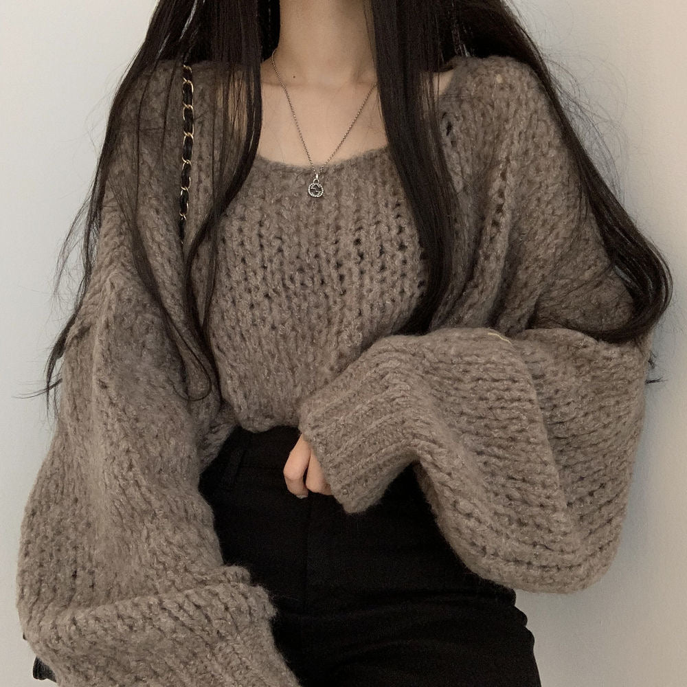 💕韓系chic春秋百搭寬鬆燈籠袖針織上衣