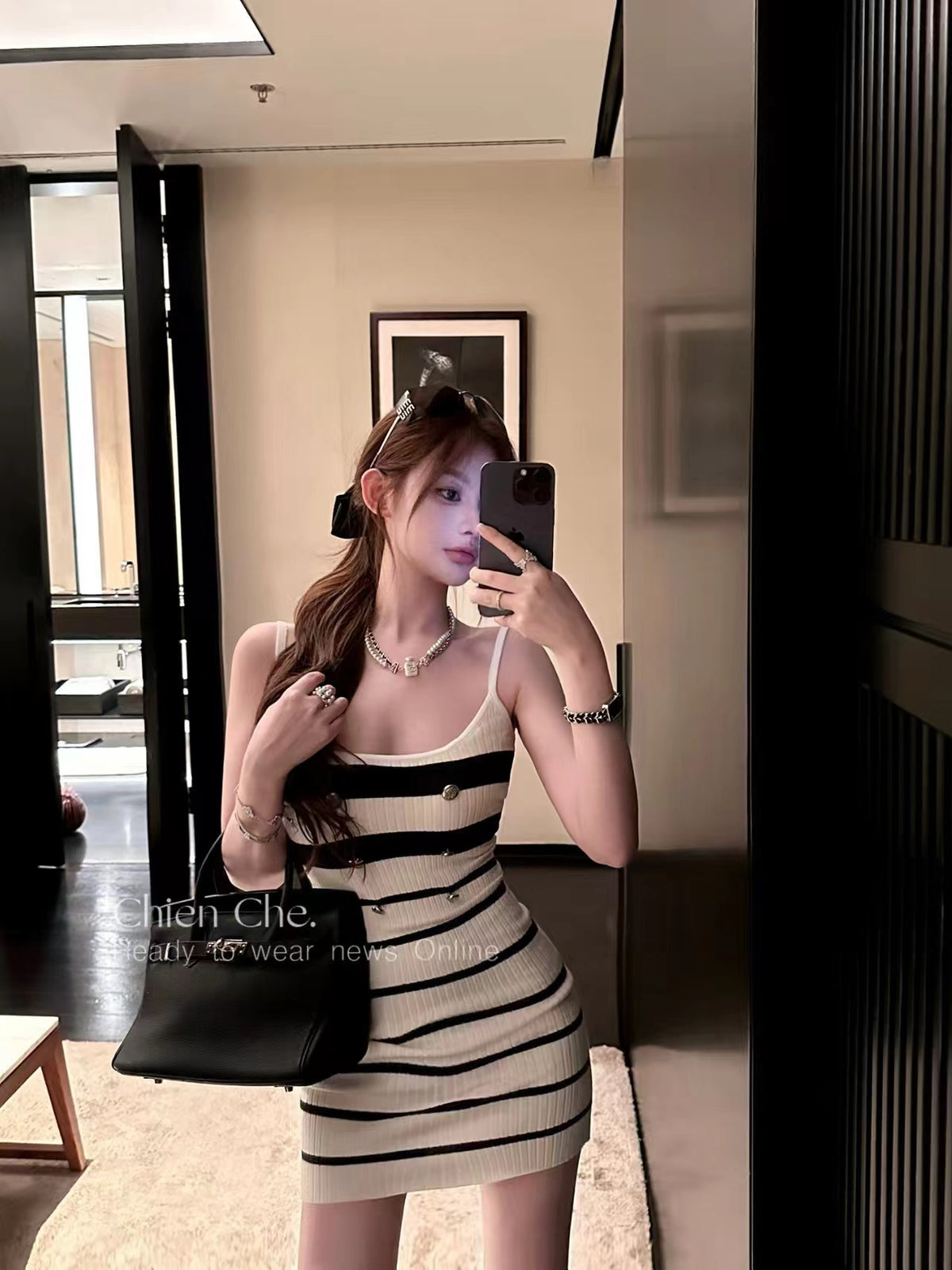 💕休閒慵懶小香風撞色條紋吊帶連衣裙