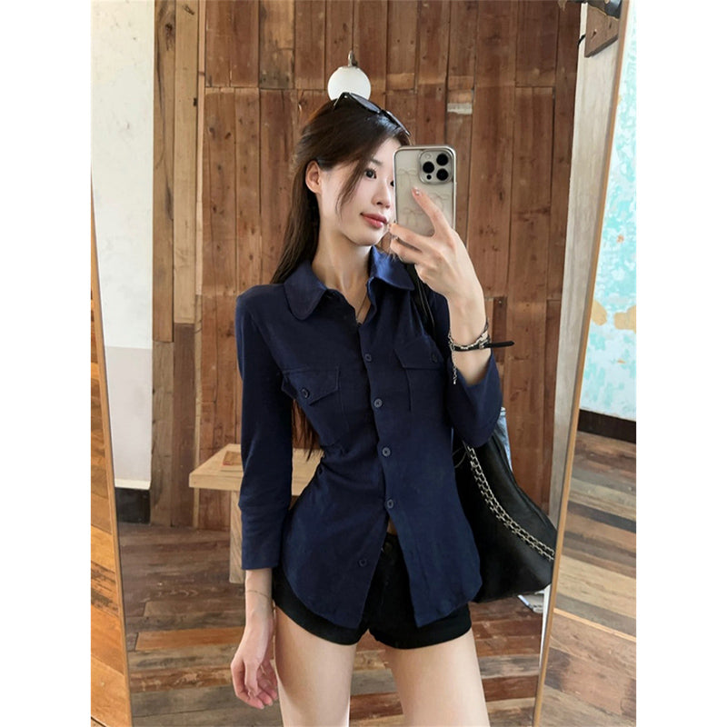 💕氣質純御性感翻領綁帶長袖襯衫