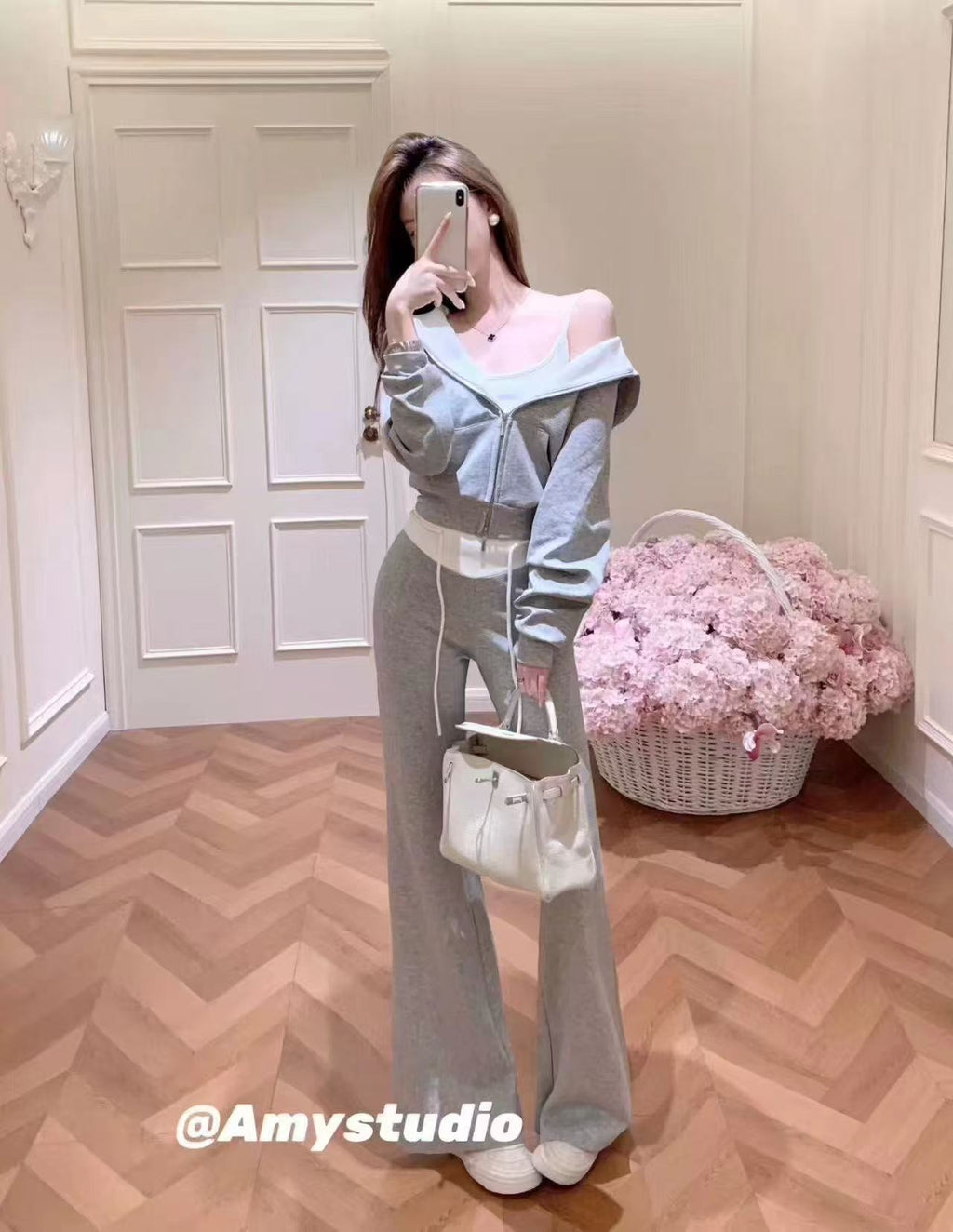 💕韓系撞色連帽開衫+吊帶+拼接休閒褲三件套